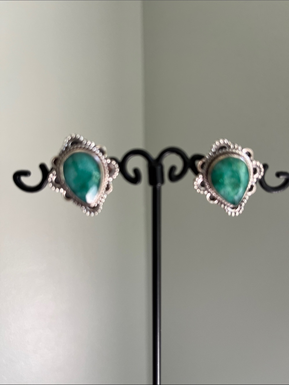 Raw Emerald Teardrop Stone Sterling Silver Stud Earrings - Women Jewelry - Picture 6 of 7